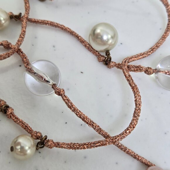 J Crew Pink Necklace Faux Pearl Rhinestone Chain Cord Knot Long Boho Bauble - Picture 7 of 8
